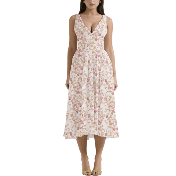 Eternatastic Women's V-Neck Sleeveless Floral Printed Midi Dress for Wedding Guest Graduation Party Ladies Beach Sundress Dresses with Pockets