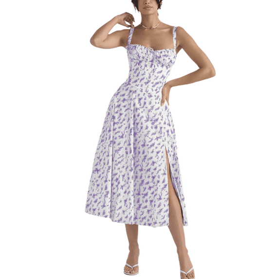 Eternatastic Womens Corset Dresses Sleeveless Split Floral Printed Midi Dress French Style Beach Vacation Dress