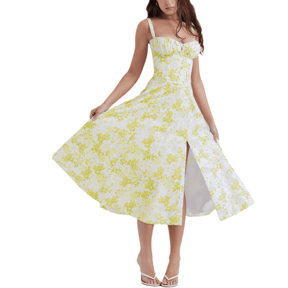 Eternatastic Womens Corset Dresses Sleeveless Split Floral Printed Midi Dress French Style Beach Vacation Dress