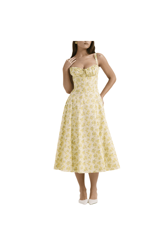 Womens Corset Dresses Sleeveless Split Floral Printed Midi Dress French Style Beach Vacation Dress