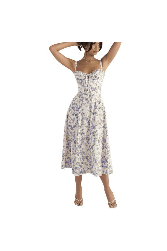 Womens Corset Dresses Sleeveless Split Floral Printed Midi Dress French Style Beach Vacation Dress