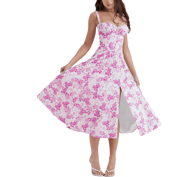 Eternatastic Womens Corset Dresses Sleeveless Split Floral Printed Midi Dress French Style Beach Vacation Dress
