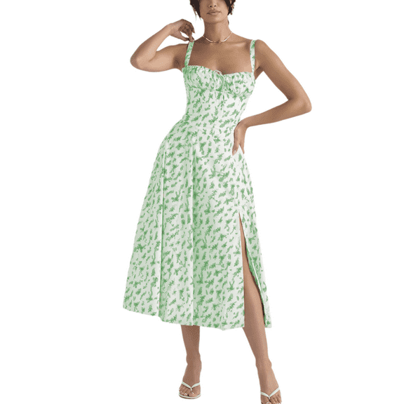 Eternatastic Womens Corset Dresses Sleeveless Split Floral Printed Midi Dress French Style Beach Vacation Dress