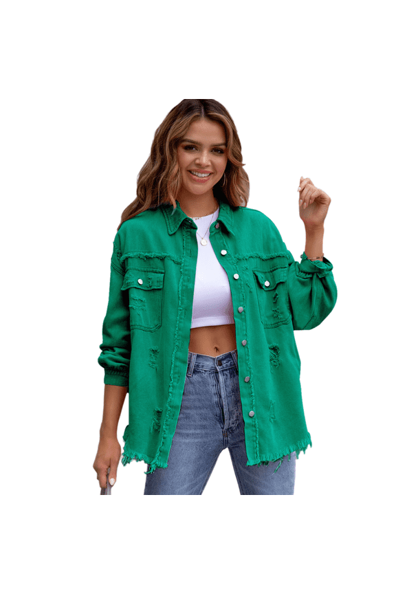 Womens Denim Jacket Coat Distressed Jean Jackets Button Up Vintage Western Trucker Jacket Frayed Hem Pockets