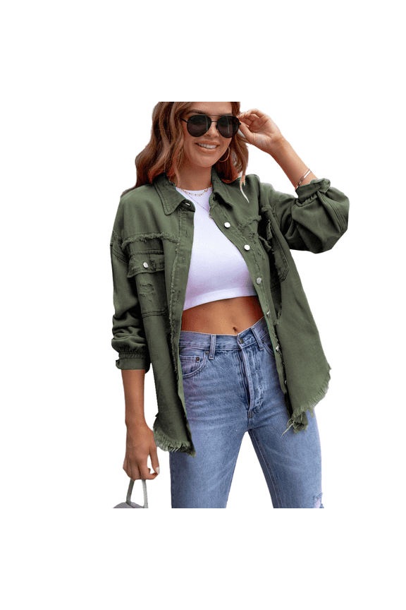 Womens Denim Jacket Coat Distressed Jean Jackets Button Up Vintage Western Trucker Jacket Frayed Hem Pockets