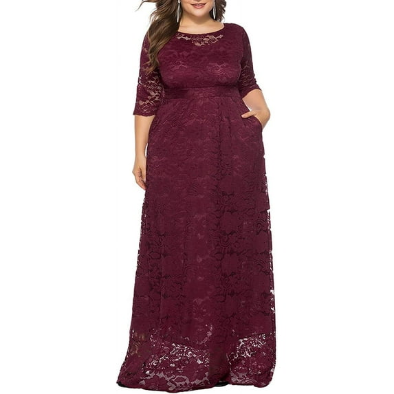 Eternatastic Womens Floral Lace 2/3 Sleeves Maxi Dress Evening Party Long Dress 3XL Dred