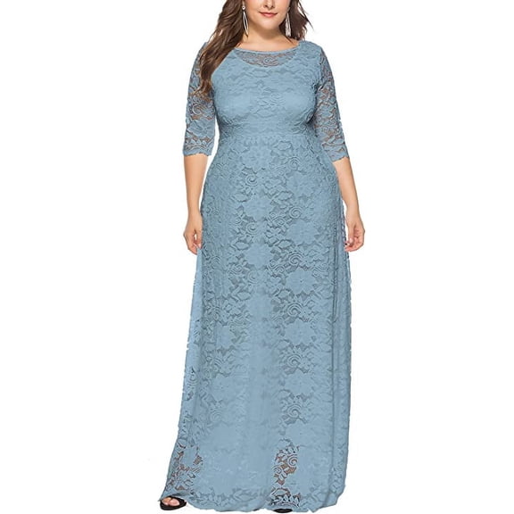 Eternatastic Womens Floral Lace 2/3 Sleeves Maxi Dress Evening Party Long Dress 3XL Dusty Blue