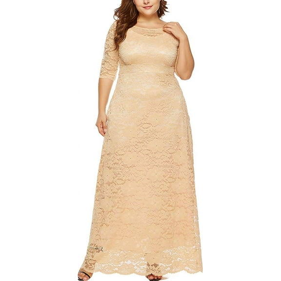 Eternatastic Womens Floral Lace 2/3 Sleeves Maxi Dress Evening Party Long Dress 4XL Beige