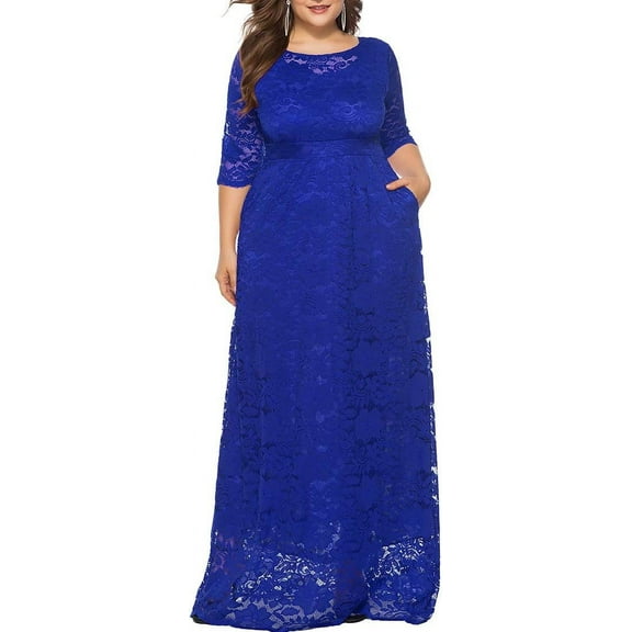Eternatastic Womens Floral Lace 2/3 Sleeves Maxi Dress Evening Party Long Dress 5XL Blue