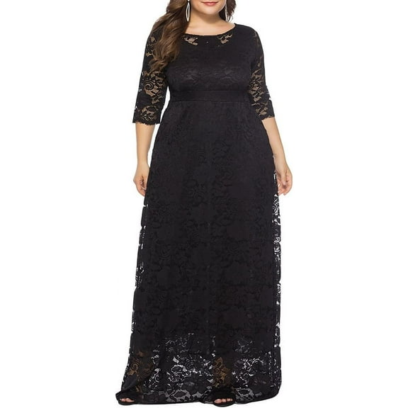 Eternatastic Womens Floral Lace 2/3 Sleeves Maxi Dress Evening Party Long Dress XL Black