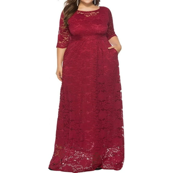 Eternatastic Womens Floral Lace 2/3 Sleeves Maxi Dress Evening Party Long Dress XL Red
