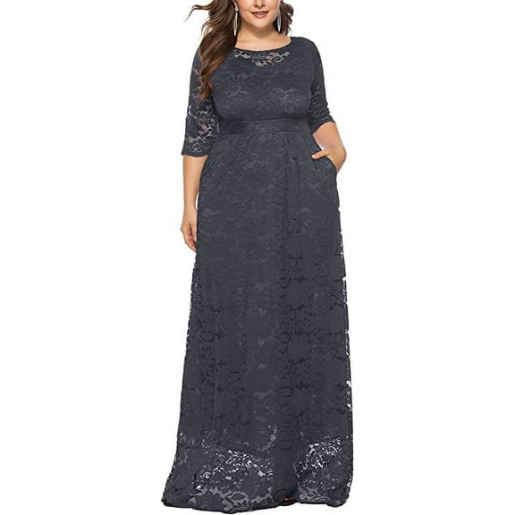 Eternatastic Womens Floral Lace 2/3 Sleeves Maxi Dress Evening Party Long Dress XXL Dark Gray