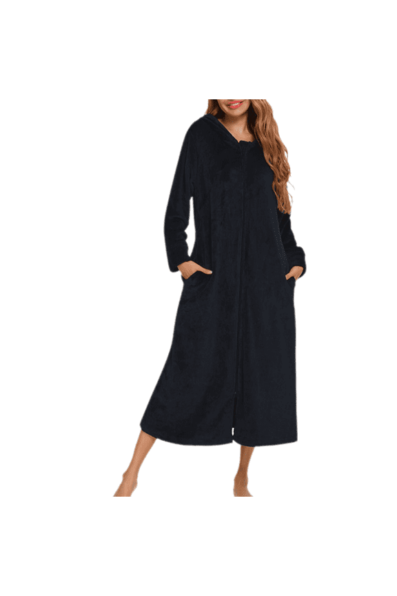 Womens Housecoat Zip Robe Fleece Zip Up Front Robe Bathrobe Plush Warm Zipper House Coat Lounger with Pockets
