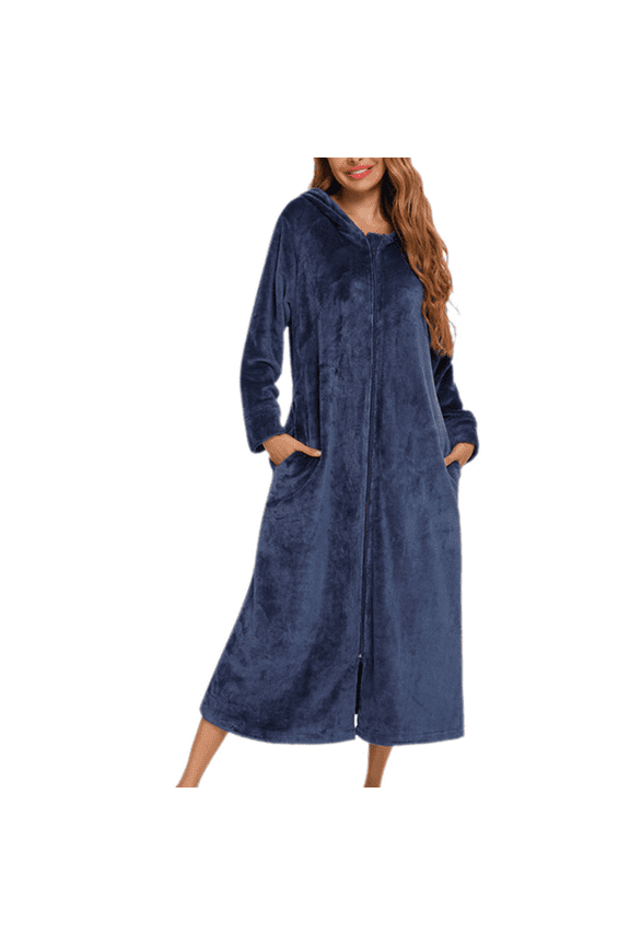 Womens Housecoat Zip Robe Fleece Zip Up Front Robe Bathrobe Plush Warm Zipper House Coat Lounger with Pockets