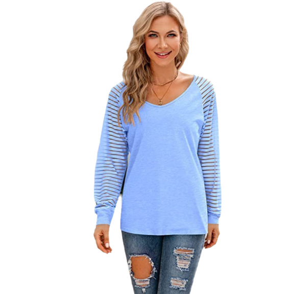 Eternatastic Womens Long Sleeve Tops Striped Shirts Drop Shoulder V-Neck Loose Fit Casual Blouses T Shirts