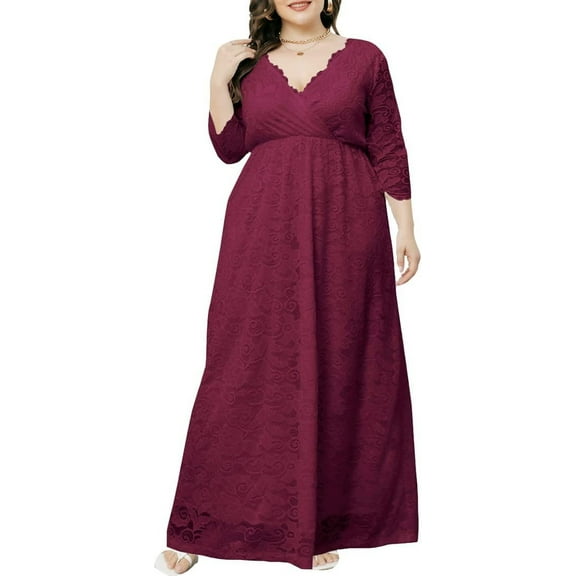 Eternatastic Womens Maxi Dress Evening Party 2/3 Sleeves Lace Long Dress 3XL Deep Red