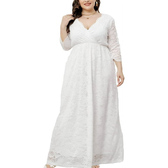Eternatastic Womens Maxi Dress Evening Party 2/3 Sleeves Lace Long Dress 5XL White