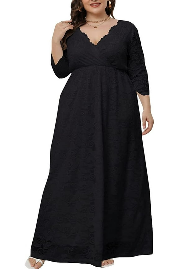 Womens Maxi Dress Evening Party 2/3 Sleeves Lace Long Dress XL Black