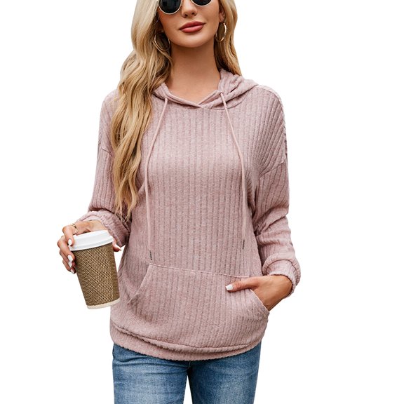 Eternatastic Womens Pullover Hoodie Sweatshirts Casual Loose Long Sleeve Ribbed Knit Shirts With Kangaroo Pocket Hoodies