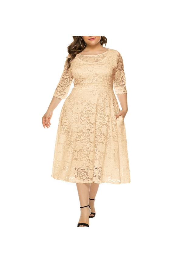Womens Scooped Neckline Floral lace Top Plus Size Cocktail Party Midi Dress 4XL Beige