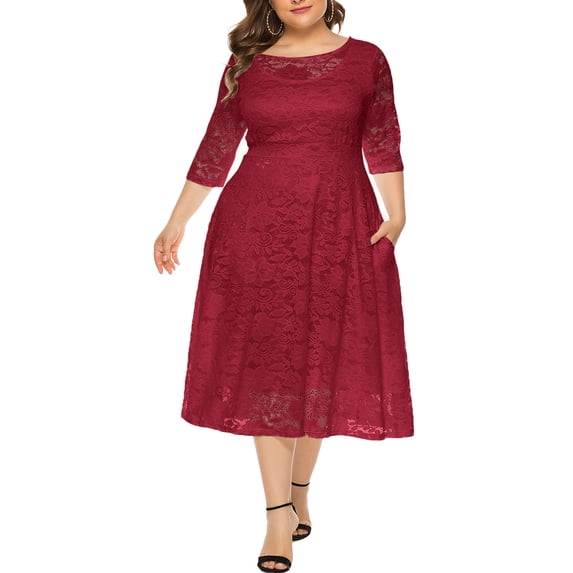 Eternatastic Womens Scooped Neckline Floral lace Top Plus Size Cocktail Party Midi Dress 4XL Red