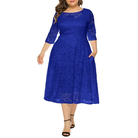 Eternatastic Womens Scooped Neckline Floral lace Top Plus Size Cocktail Party Midi Dress 5XL Blue