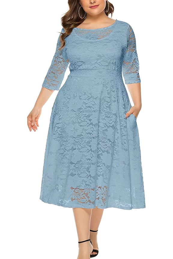 Womens Scooped Neckline Floral lace Top Plus Size Cocktail Party Midi Dress 5XL DustyBlue