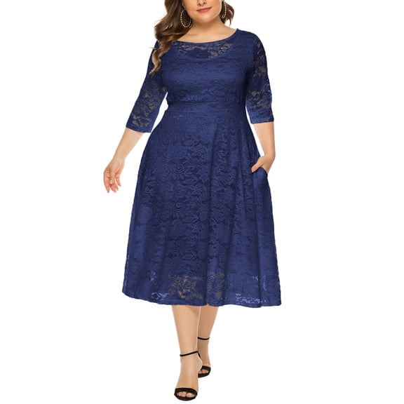 Eternatastic Womens Scooped Neckline Floral lace Top Plus Size Cocktail Party Midi Dress 6XL Deep Blue