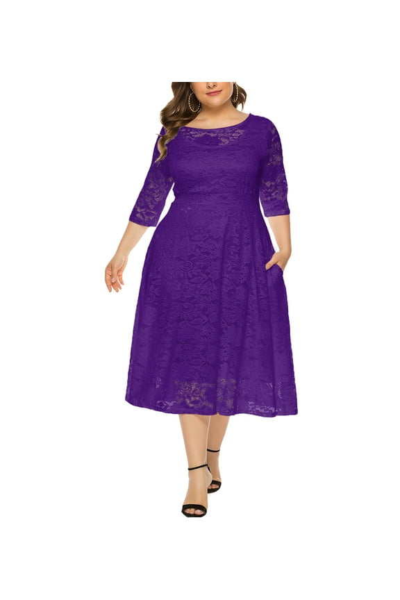 Womens Scooped Neckline Floral lace Top Plus Size Cocktail Party Midi Dress 6XL Deep Purple