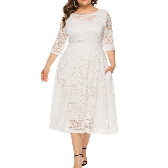 Eternatastic Womens Scooped Neckline Floral lace Top Plus Size Cocktail Party Midi Dress 6XL White