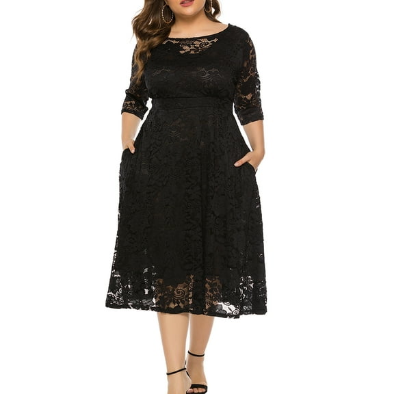 Eternatastic Womens Scooped Neckline Floral lace Top Plus Size Cocktail Party Midi Dress XL Black