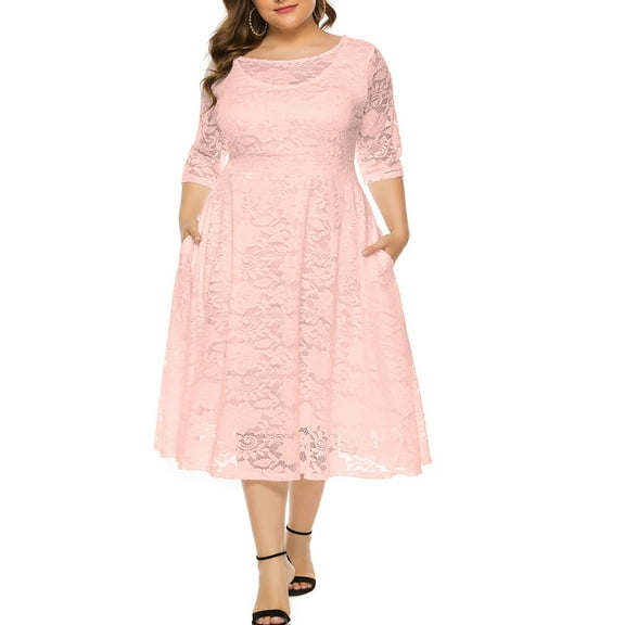 Eternatastic Womens Scooped Neckline Floral lace Top Plus Size Cocktail Party Midi Dress XL Pink