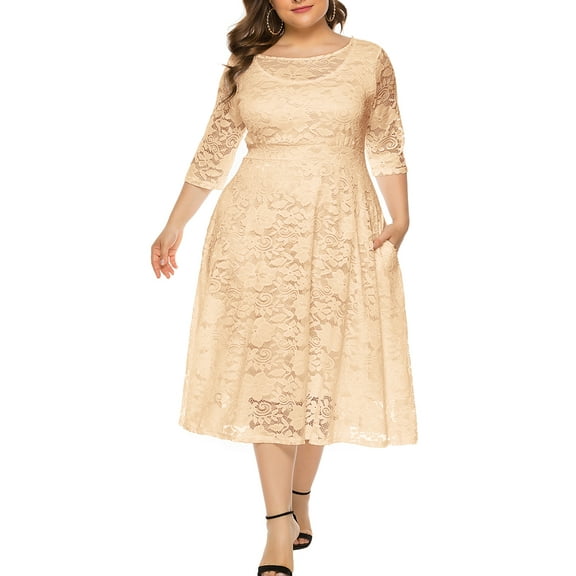 Eternatastic Womens Scooped Neckline Floral lace Top Plus Size Cocktail Party Midi Dress XXL Beige