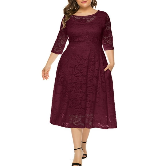 Eternatastic Womens Scooped Neckline Floral lace Top Plus Size Cocktail Party Midi Dress XXL Deep Red