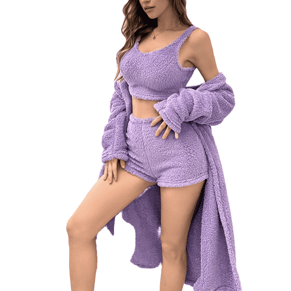 Eternatastic Womens Sexy Fuzzy 3 Piece Pajamas Loungewear Sets Fleece Nightgown Warm Crop Top Cardigan Outfits