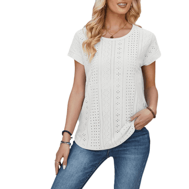Eternatastic Womens Short Sleeve Eyelet Embroidery Tops Crewneck Knit Solid Loose Casual Basic T Shirts Tee Blouses