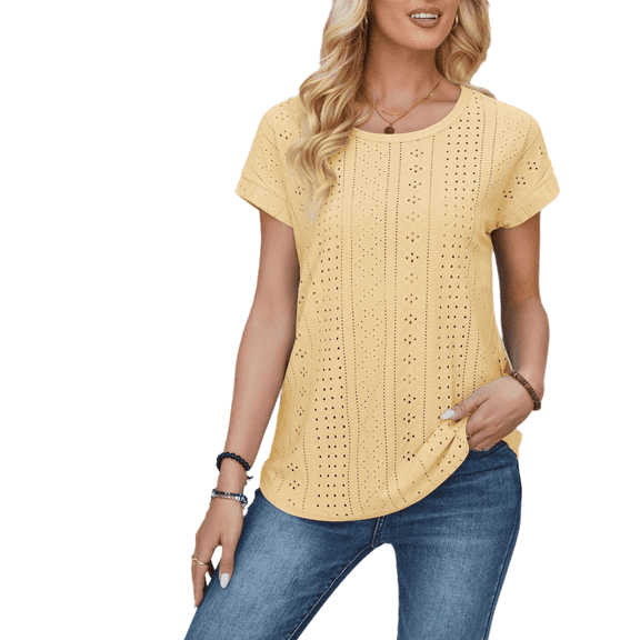Eternatastic Womens Short Sleeve Eyelet Embroidery Tops Crewneck Knit Solid Loose Casual Basic T Shirts Tee Blouses