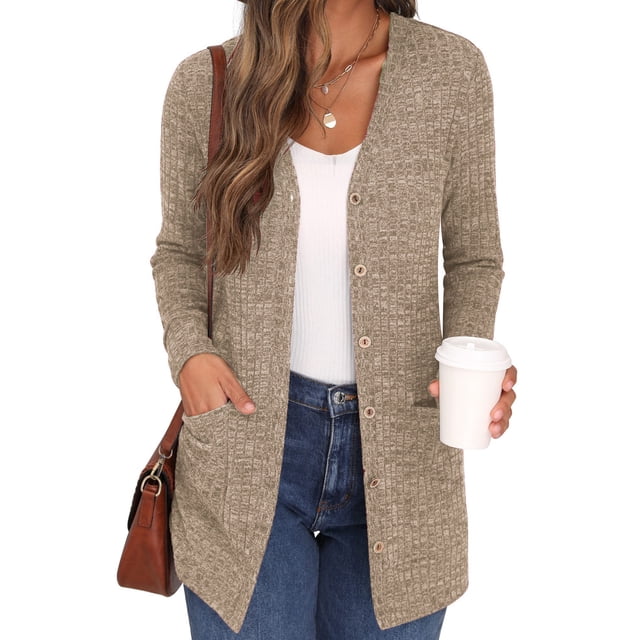 Eternatastic Womens Solid Long Sleeve Button Down Rib Knit Cardigan Sweater Coat Casual Open Front Long Cardigan