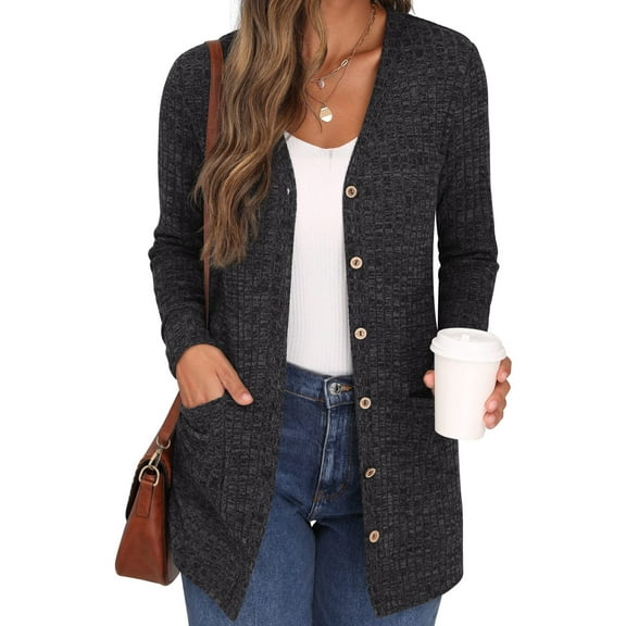 Eternatastic Womens Solid Long Sleeve Button Down Rib Knit Cardigan Sweater Coat Casual Open Front Long Cardigan