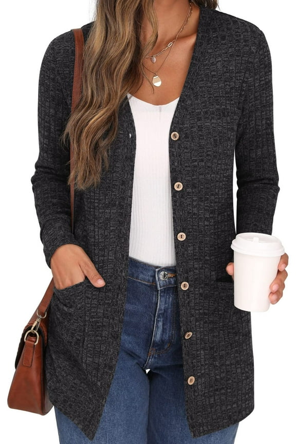 Womens Solid Long Sleeve Button Down Rib Knit Cardigan Sweater Coat Casual Open Front Long Cardigan