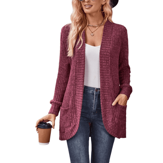 Eternatastic Womens Solid Long Sleeve Open Front Long Cardigan Casual Rib Knit Cardigan Sweater Coat