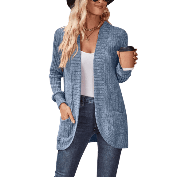 Eternatastic Womens Solid Long Sleeve Open Front Long Cardigan Casual Rib Knit Cardigan Sweater Coat