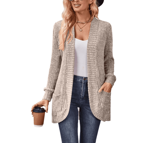 Eternatastic Womens Solid Long Sleeve Open Front Long Cardigan Casual Rib Knit Cardigan Sweater Coat