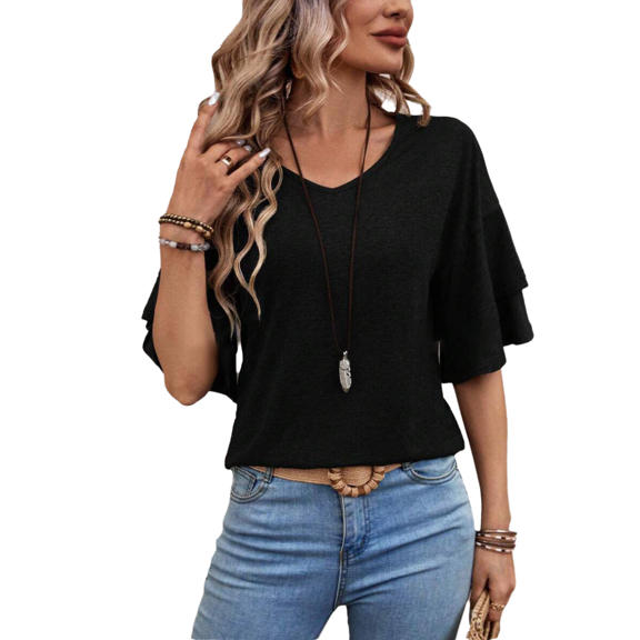 Eternatastic Womens Summer Tops Ruffle Petal Short Sleeve V Neck T-Shirts Casual Loose Fit