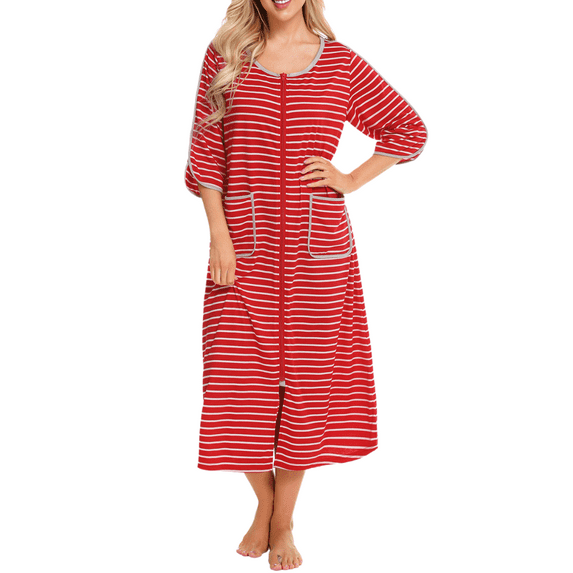 Eternatastic Womens Zipper Robe 3/4 Sleeves Loungewear Dress Full Length Sleepwear Pockets Housecoat Nightgown Long Bathrobe