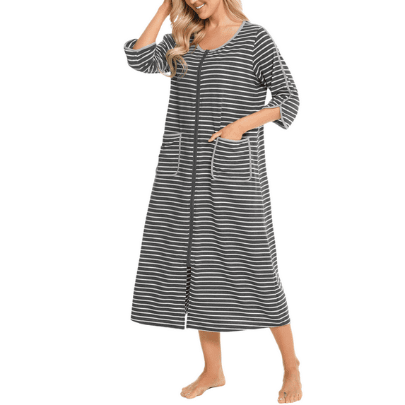 Eternatastic Womens Zipper Robe 3/4 Sleeves Loungewear Dress Full Length Sleepwear Pockets Housecoat Nightgown Long Bathrobe
