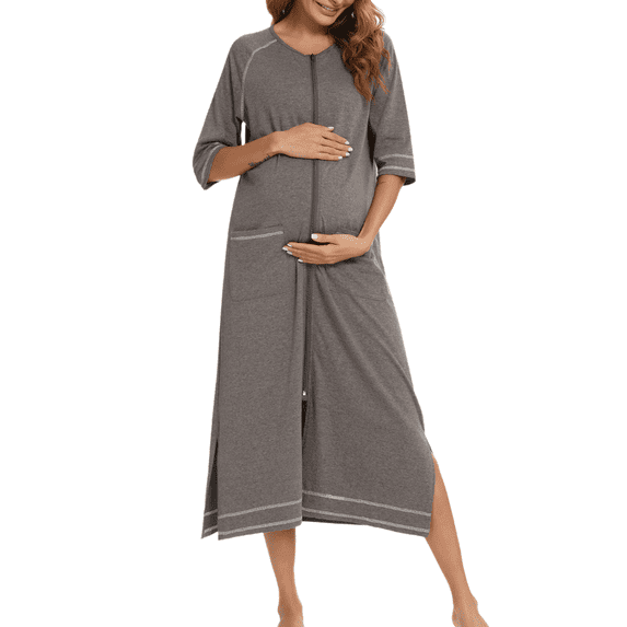Eternatastic Womens Zipper Robe Half Sleeves Loungewear Dress Full Length Sleepwear Pockets Housecoat Nightgown Long Bathrobe