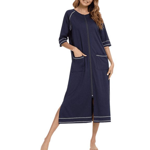 Eternatastic Womens Zipper Robe Half Sleeves Loungewear Dress Full Length Sleepwear Pockets Housecoat Nightgown Long Bathrobe