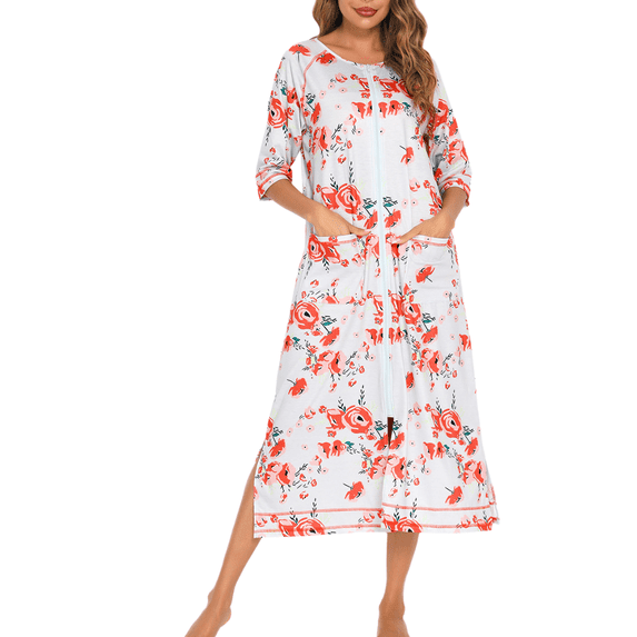 Eternatastic Womens Zipper Robe Half Sleeves Loungewear Dress Full Length Sleepwear Pockets Housecoat Nightgown Long Bathrobe