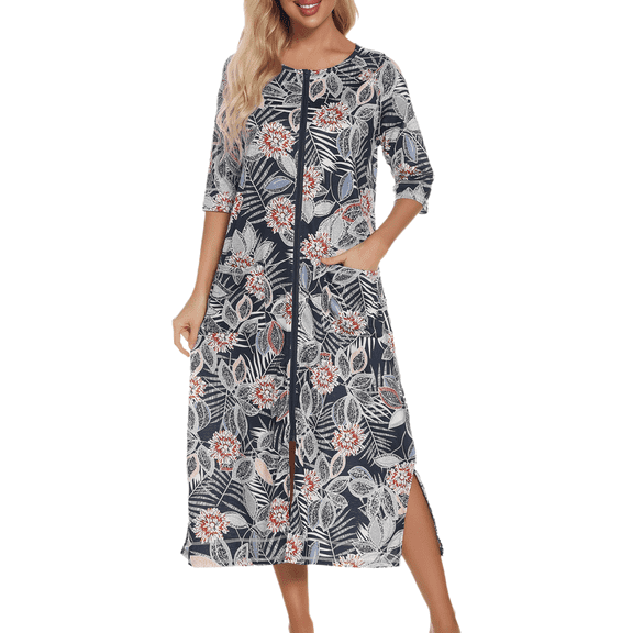 Eternatastic Womens Zipper Robe Half Sleeves Loungewear Dress Full Length Sleepwear Pockets Housecoat Nightgown Long Bathrobe